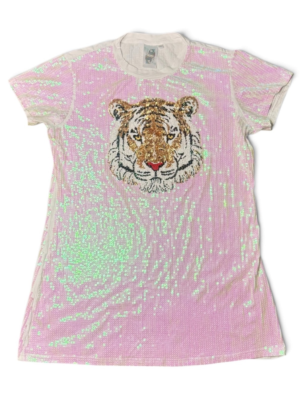 Queen of Sparkles White Iridescent Sequin Tiger Face T-Shirt Dress Size M - Picture 2 of 11